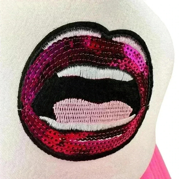 Sequin Lips Trucker Hat Cap SnapBack Hot Pink - Picture 2 of 3